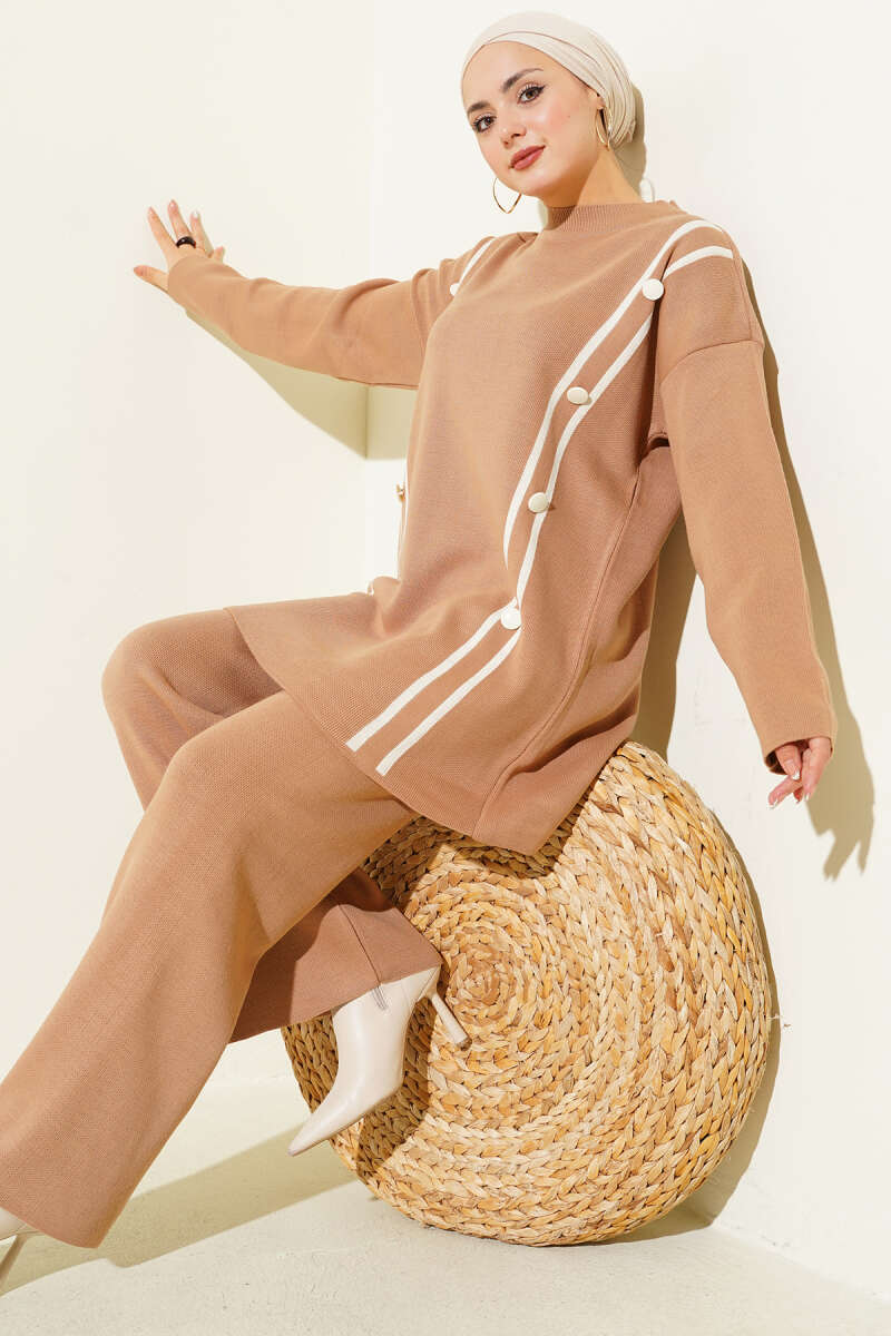 Düğmeli Triko İkili Takım bej