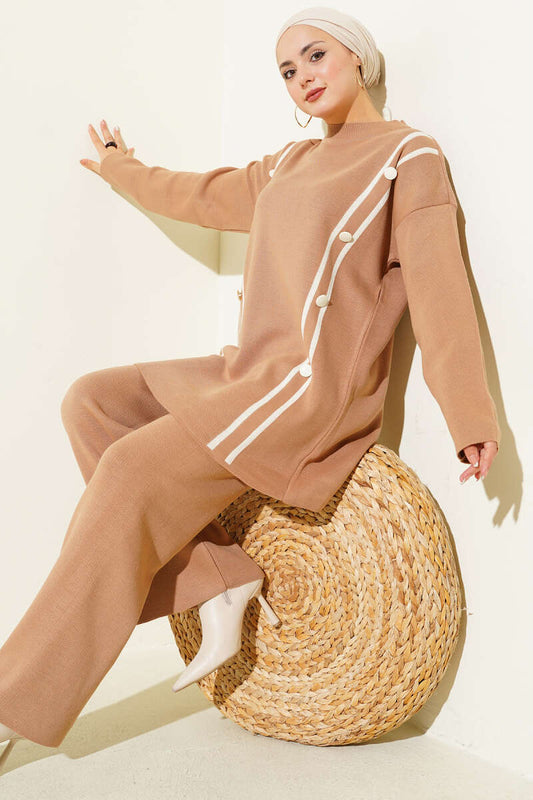 Düğmeli Triko İkili Takım bej