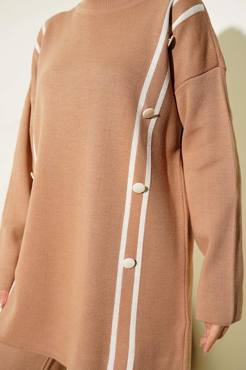 Düğmeli Triko İkili Takım bej