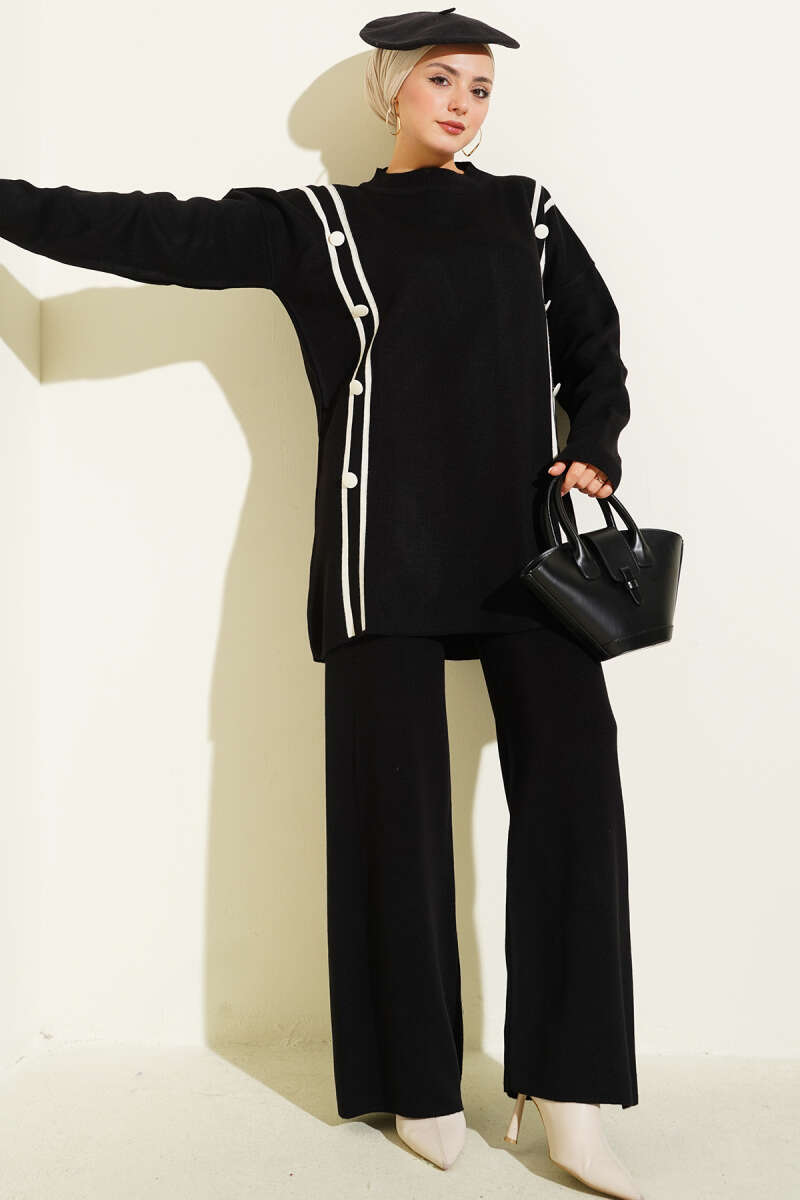 Düğmeli Triko İkili Takım siyah