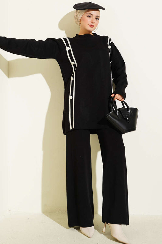 Düğmeli Triko İkili Takım siyah