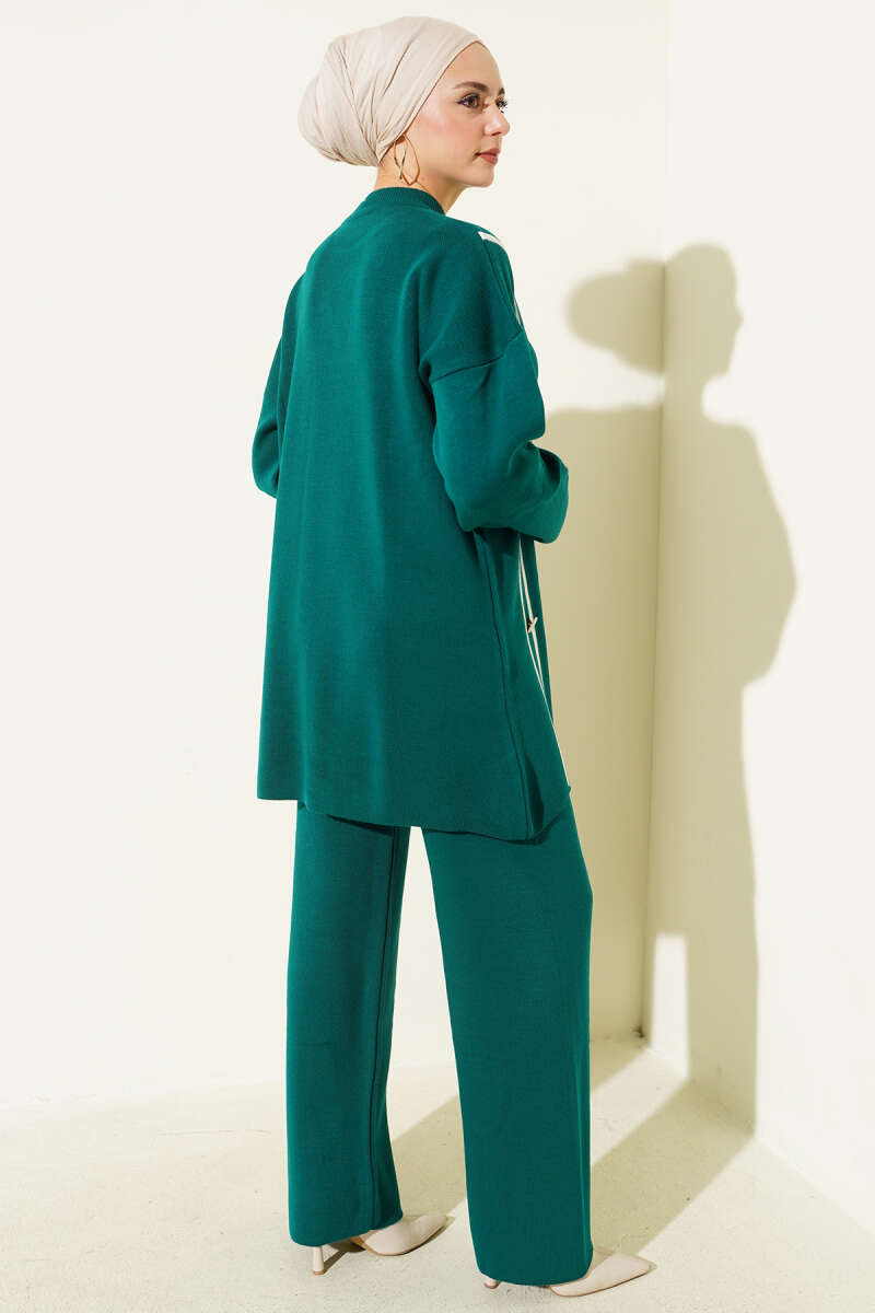 Düğmeli Triko İkili Takım Zümrüt