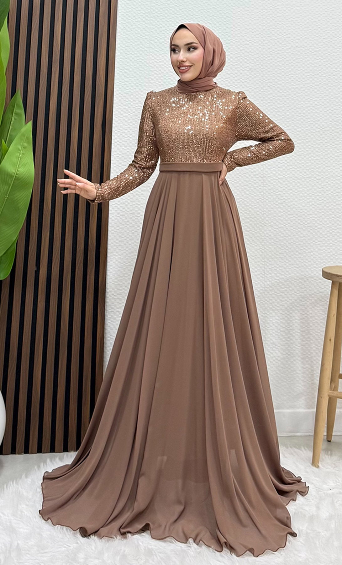 Sequin Evening Dress Light Brown