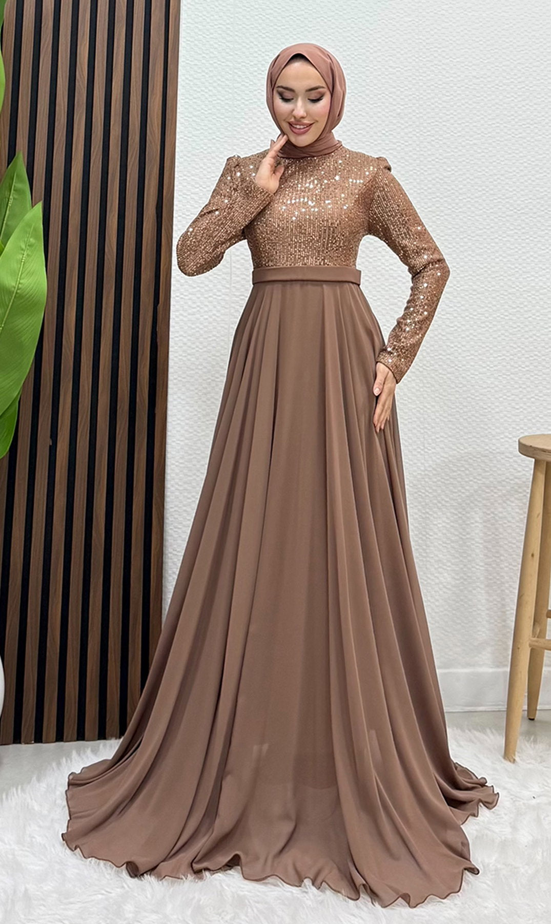 Sequin Evening Dress Light Brown
