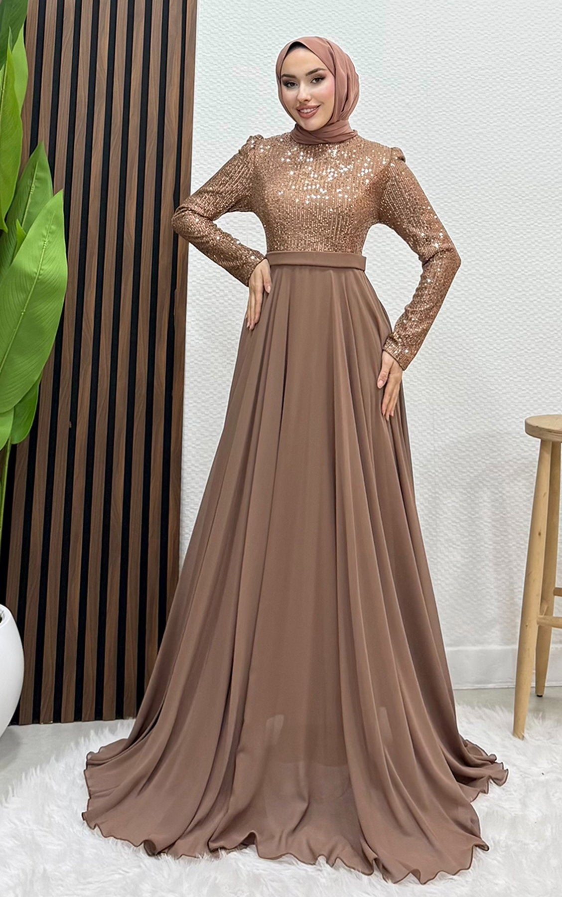 Sequin Evening Dress Light Brown