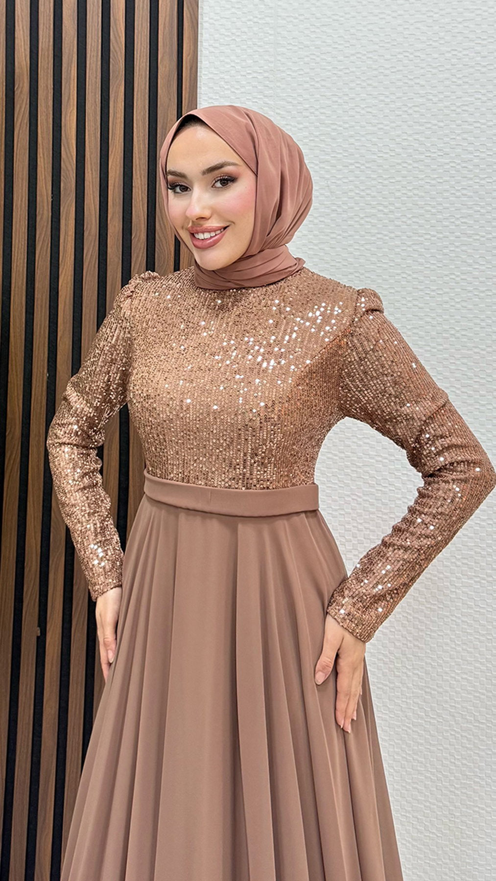 Sequin Evening Dress Light Brown