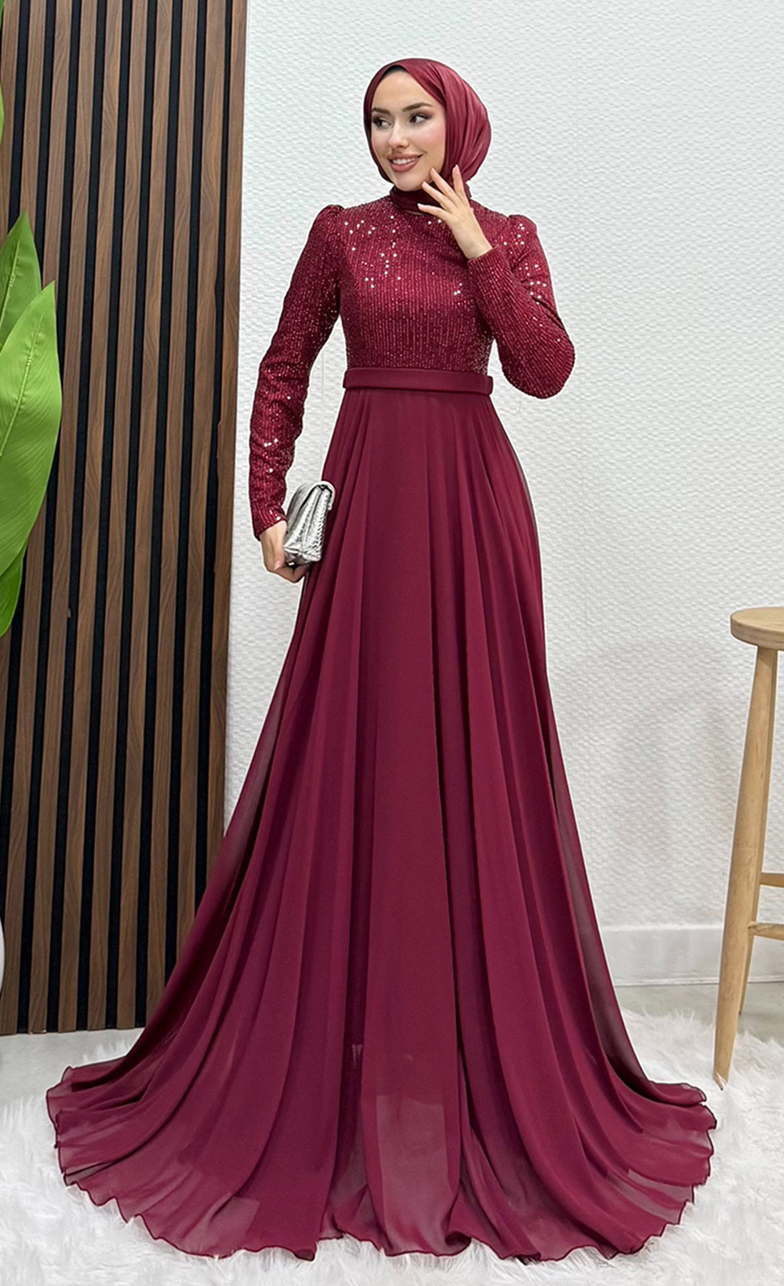 Sequin Evening Dress Burgundy