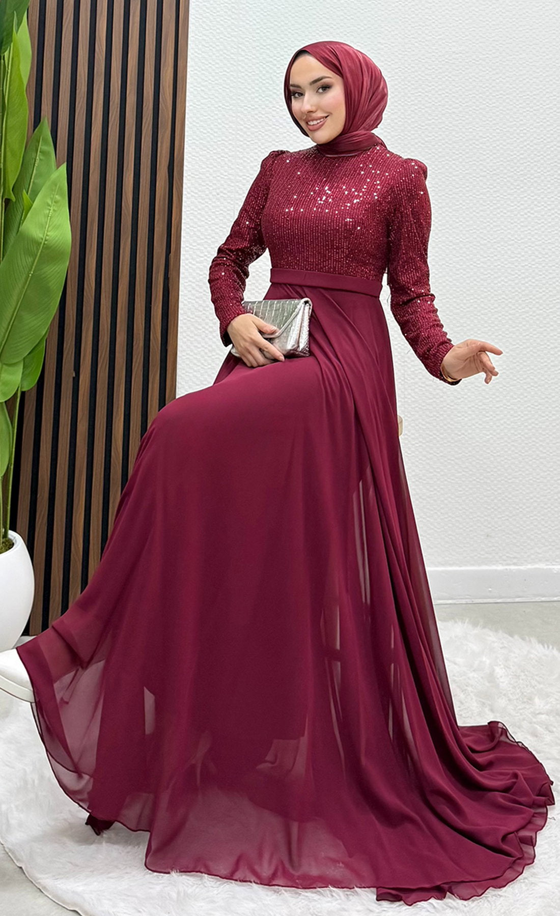 Sequin Evening Dress Burgundy