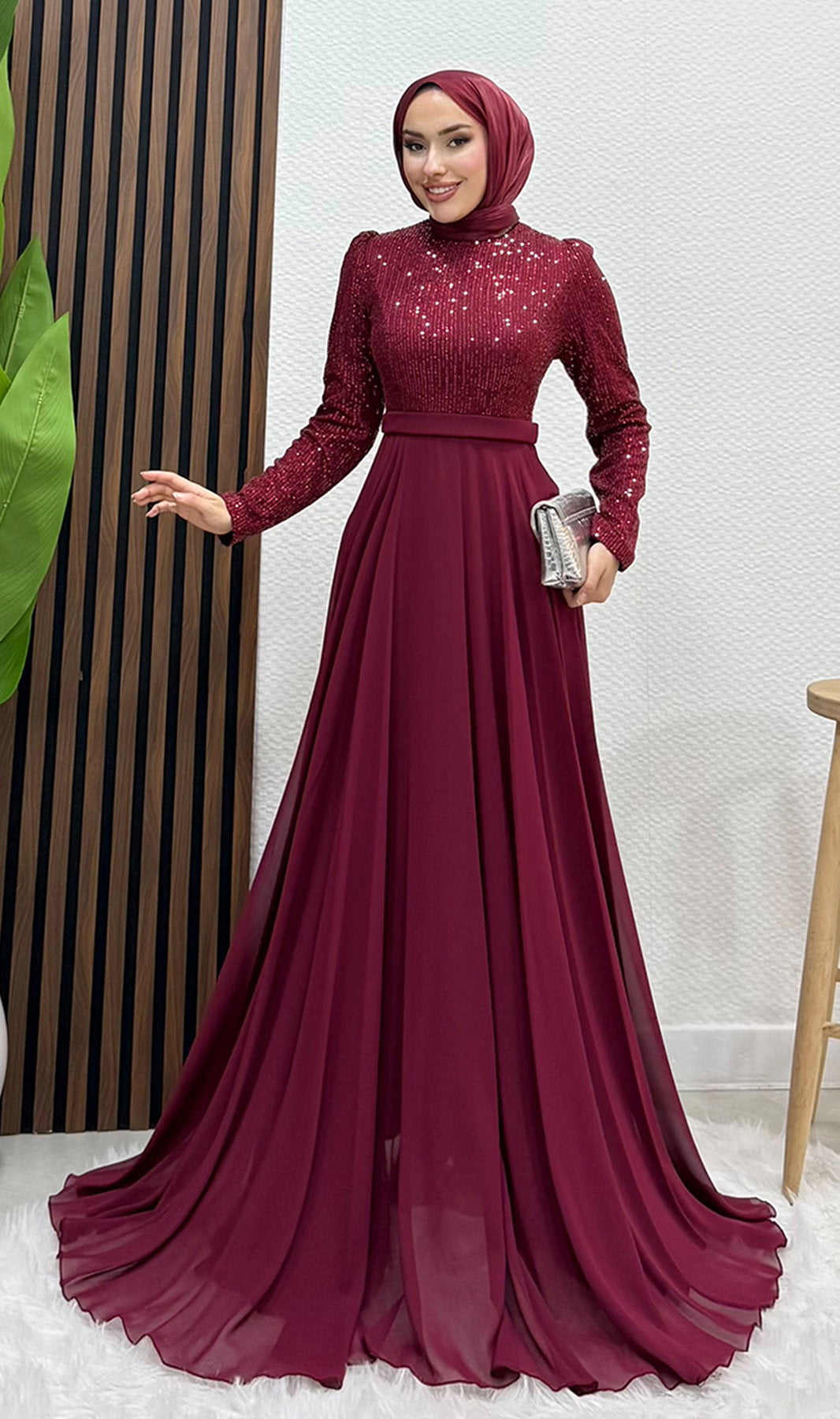 Sequin Evening Dress Burgundy