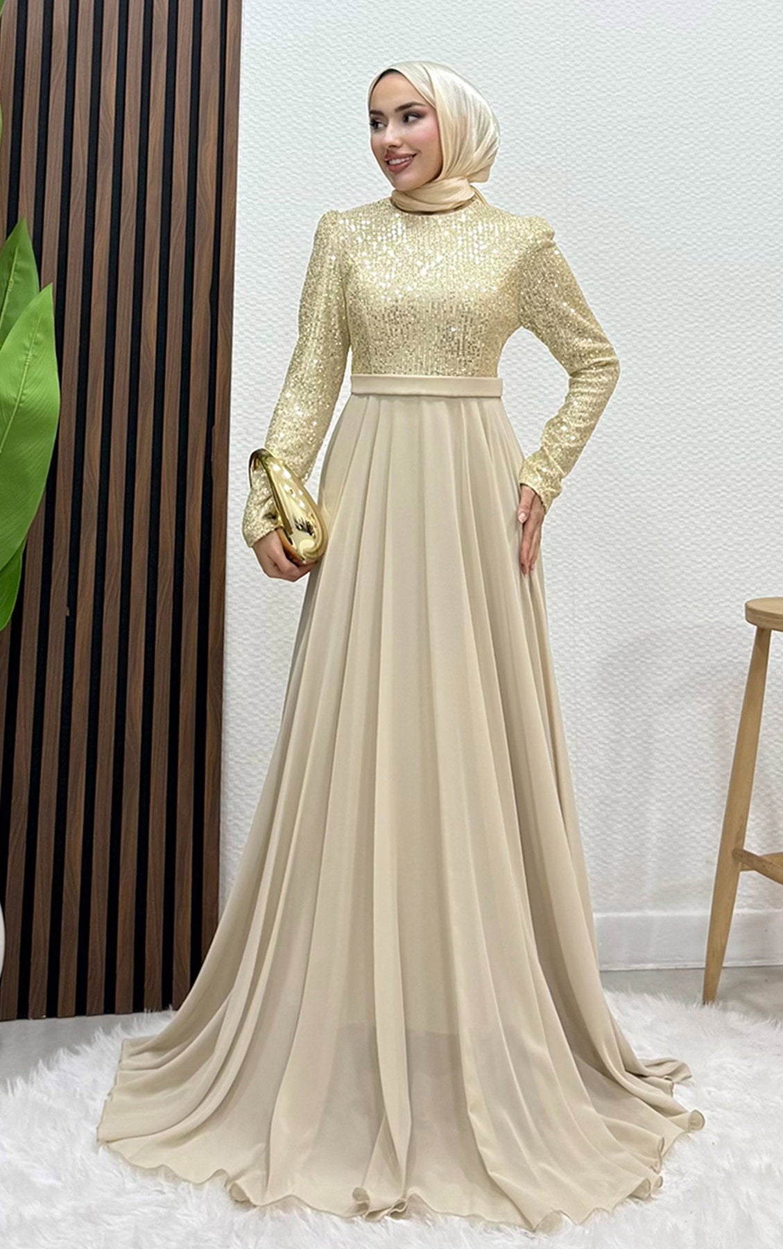 Sequin Evening Dress Cream