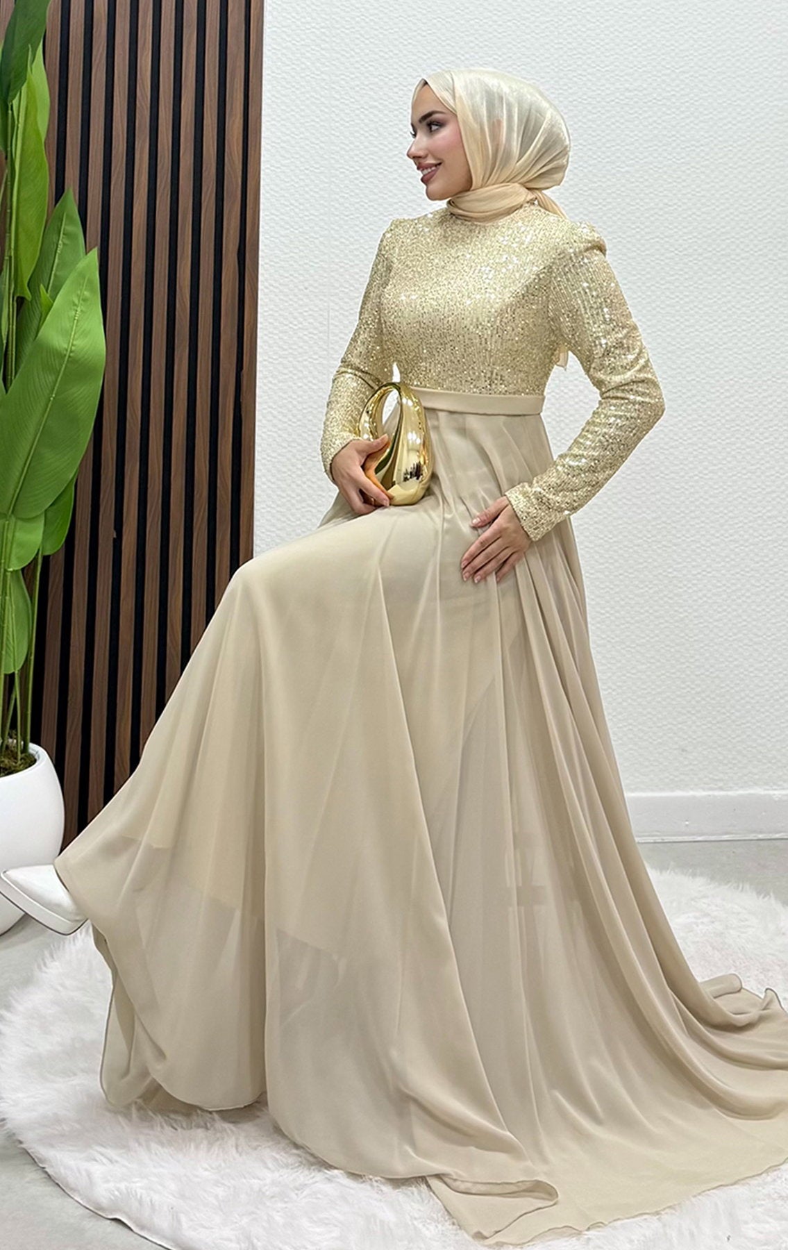 Sequin Evening Dress Cream