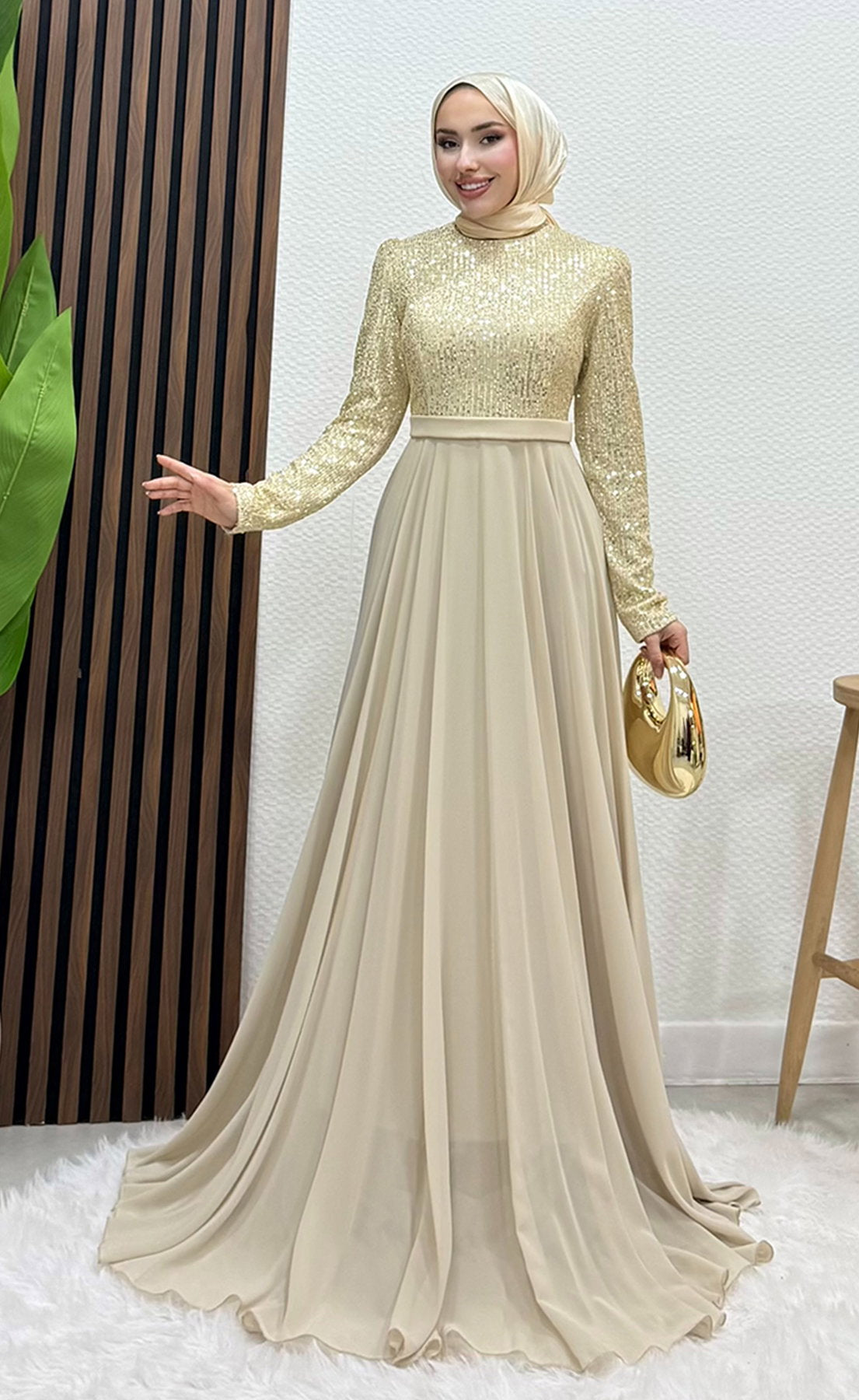 Sequin Evening Dress Cream