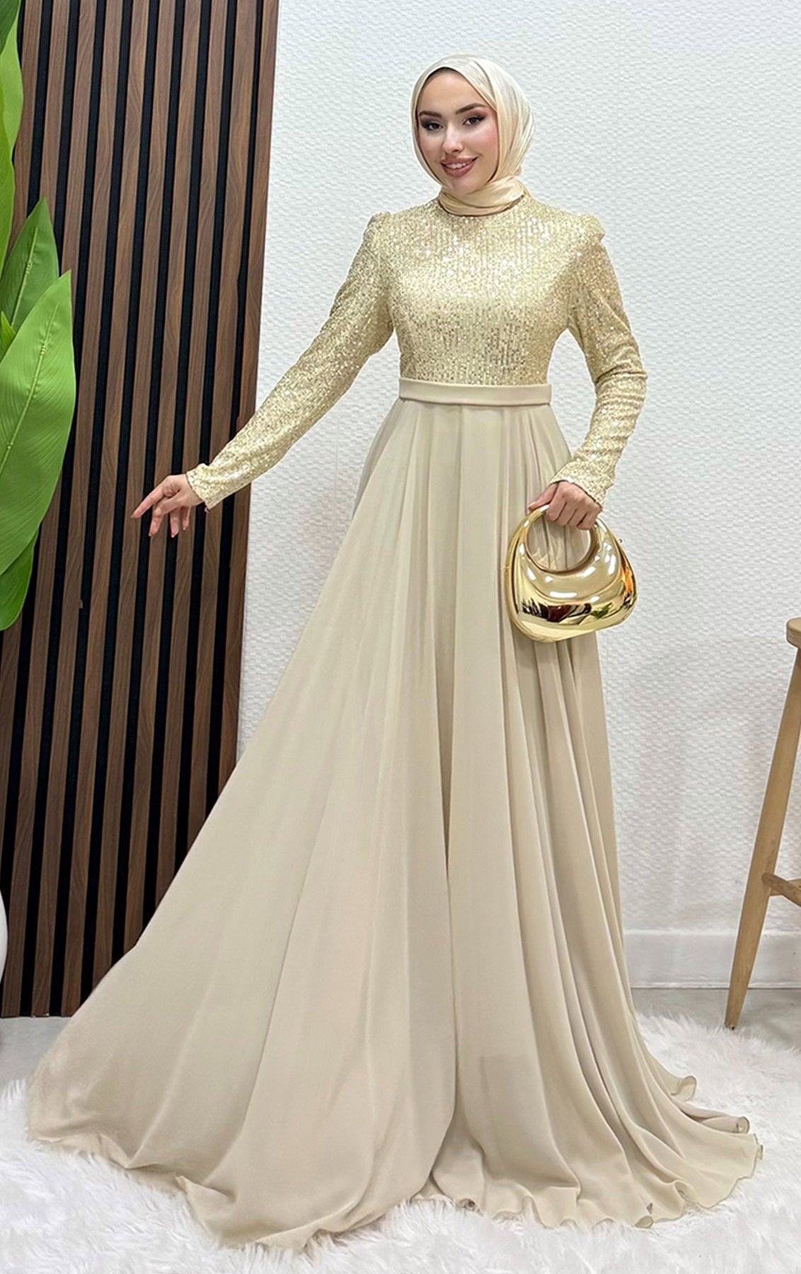 Sequin Evening Dress Cream