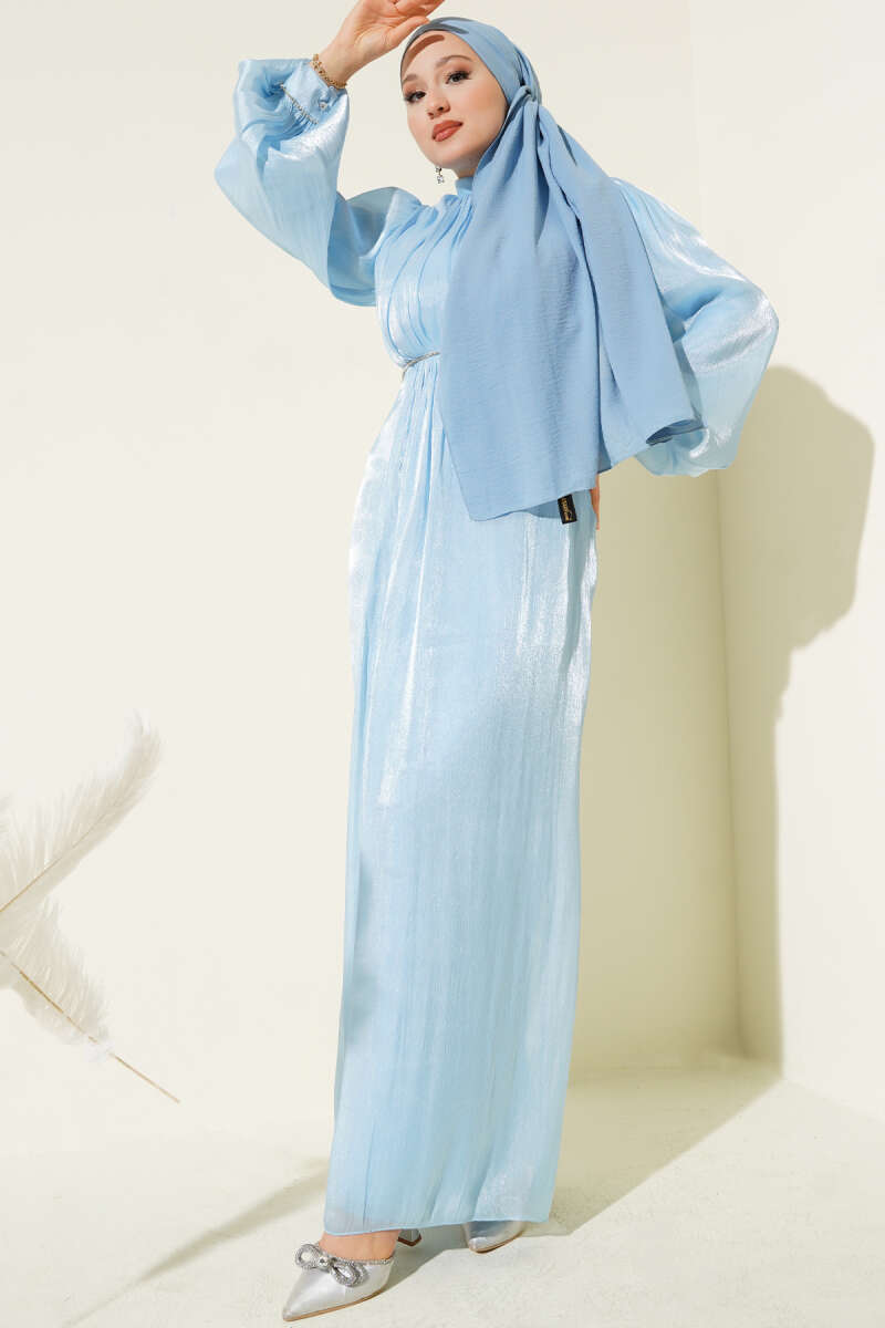 Taşlı Balon Kol Abiye Elbise bebe mavi