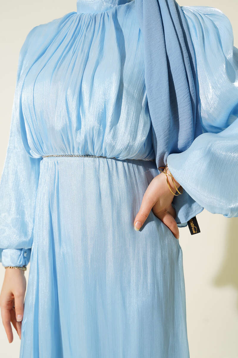 Taşlı Balon Kol Abiye Elbise bebe mavi