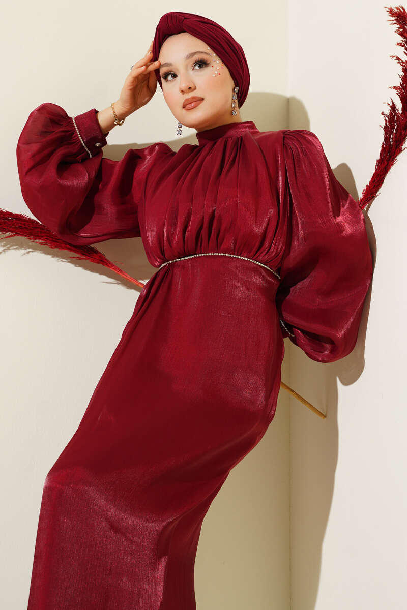 Taşlı Balon Kol Abiye Elbise bordo