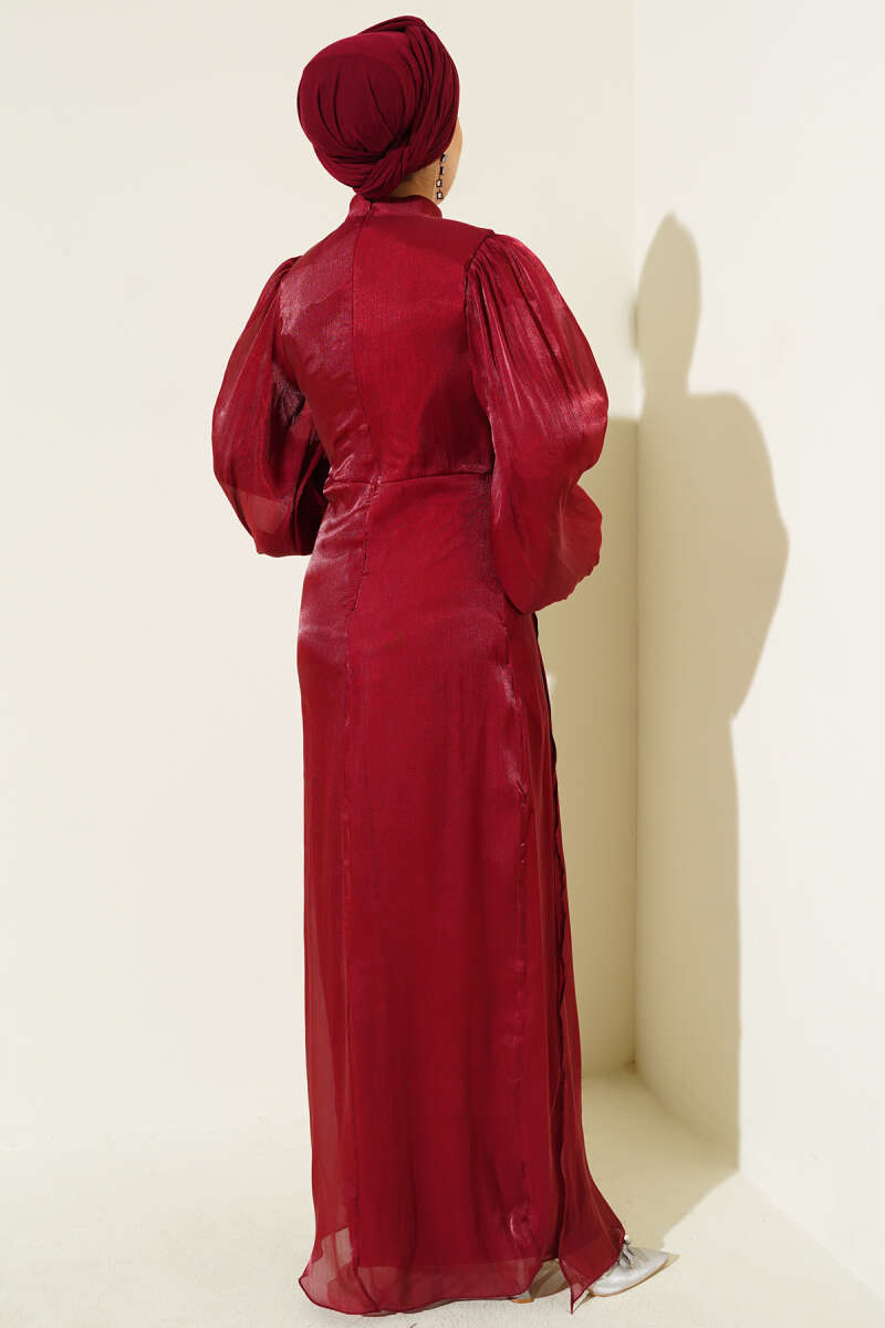 Taşlı Balon Kol Abiye Elbise bordo