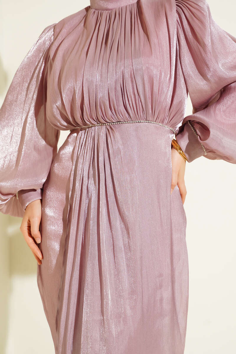 Taşlı Balon Kol Abiye Elbise gül kurusu