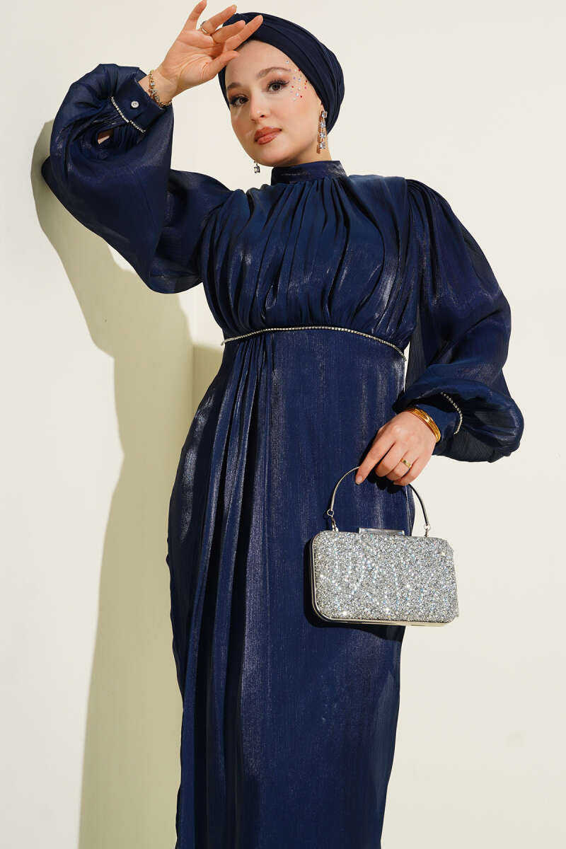 Taşlı Balon Kol Abiye Elbise Lacivert