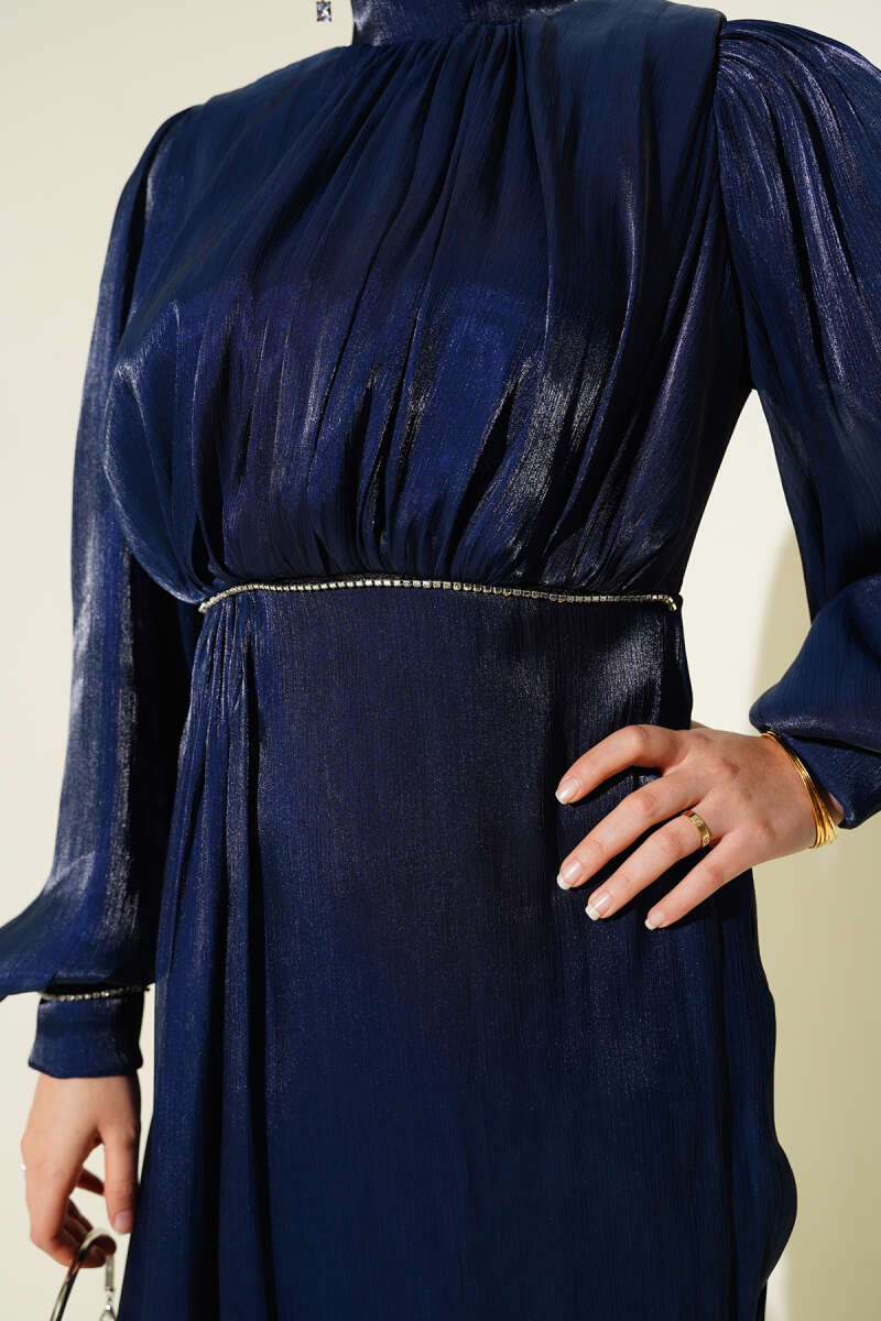 Taşlı Balon Kol Abiye Elbise Lacivert