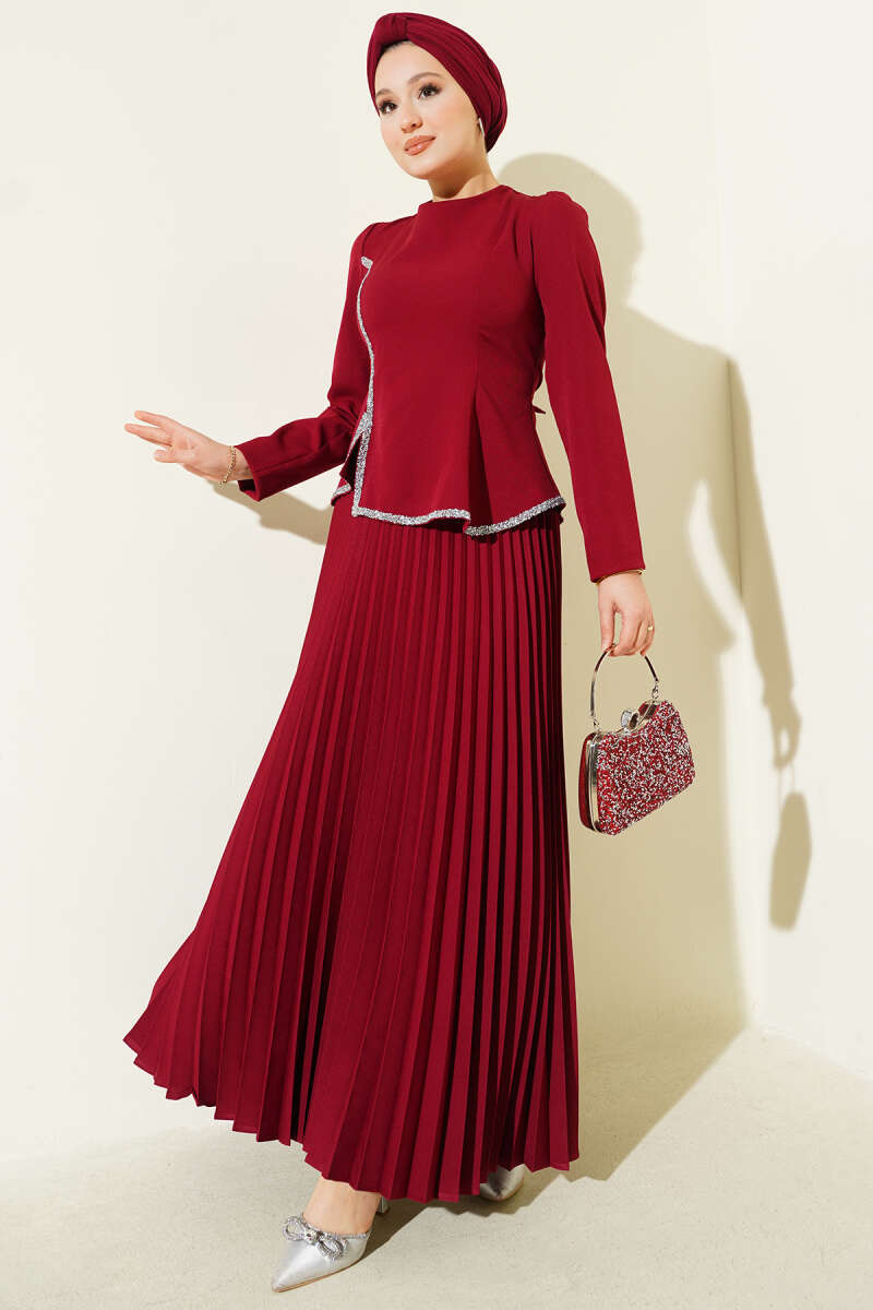 Taş Detaylı Pileli İkili Takım bordo