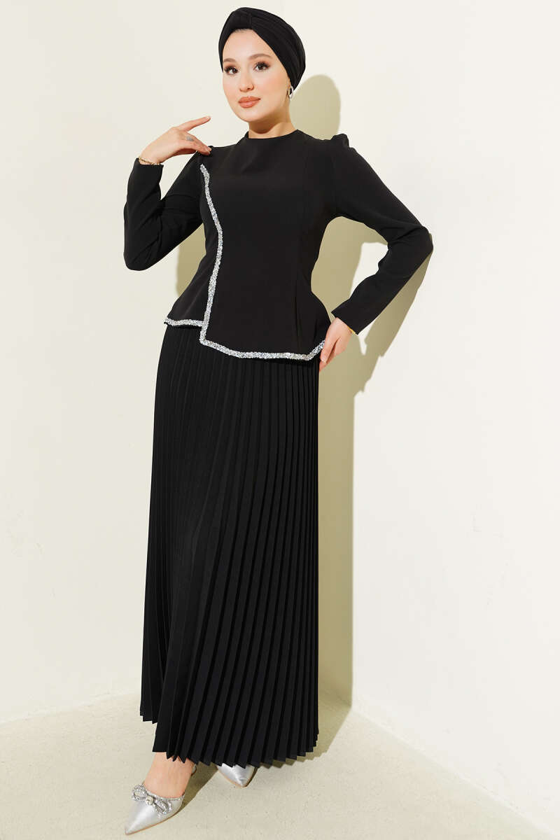 Taş Detaylı Pileli  İkili Takım siyah