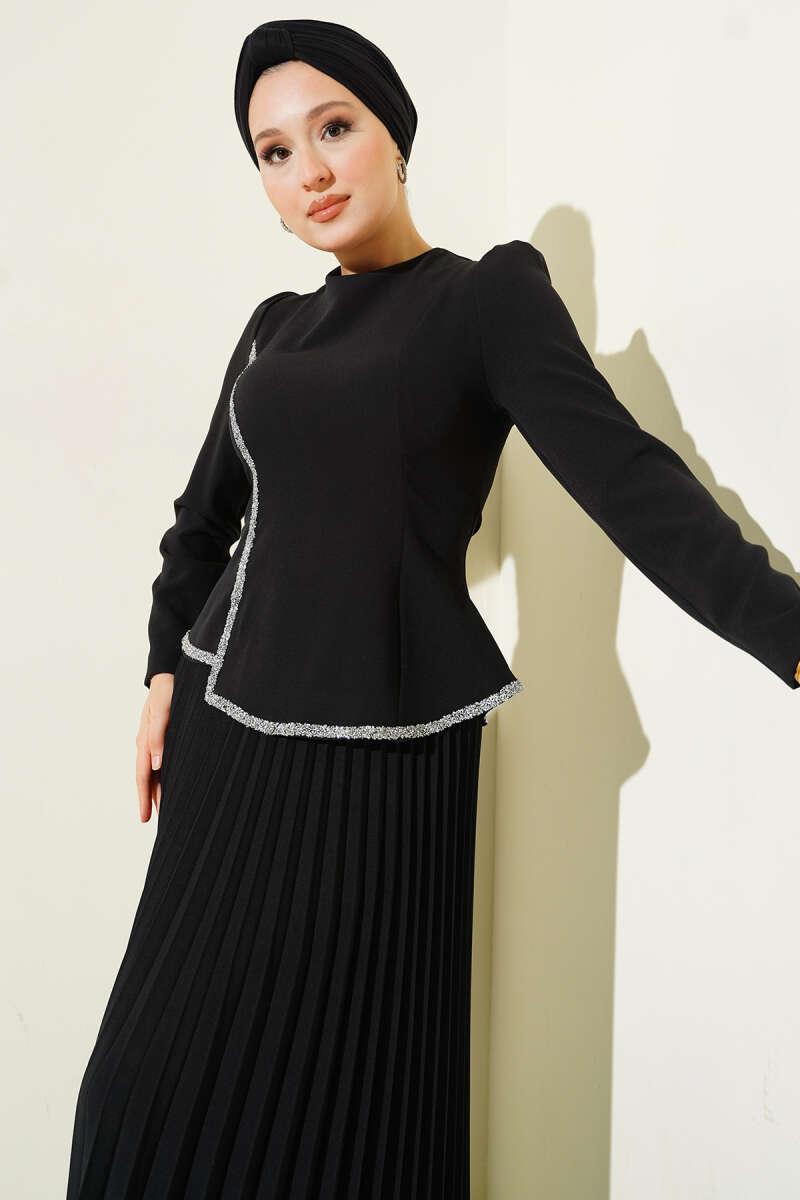 Taş Detaylı Pileli  İkili Takım siyah