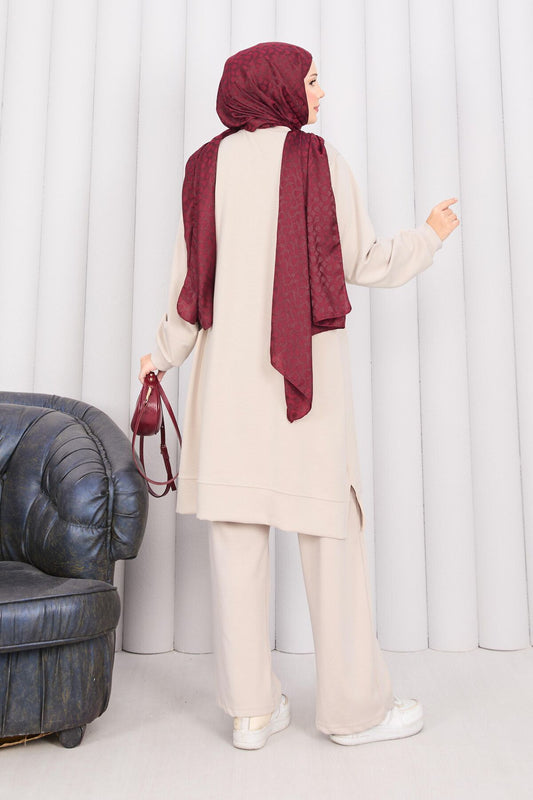 Taş İşlemeli Kabartma Çiçekli Tesettür Takım