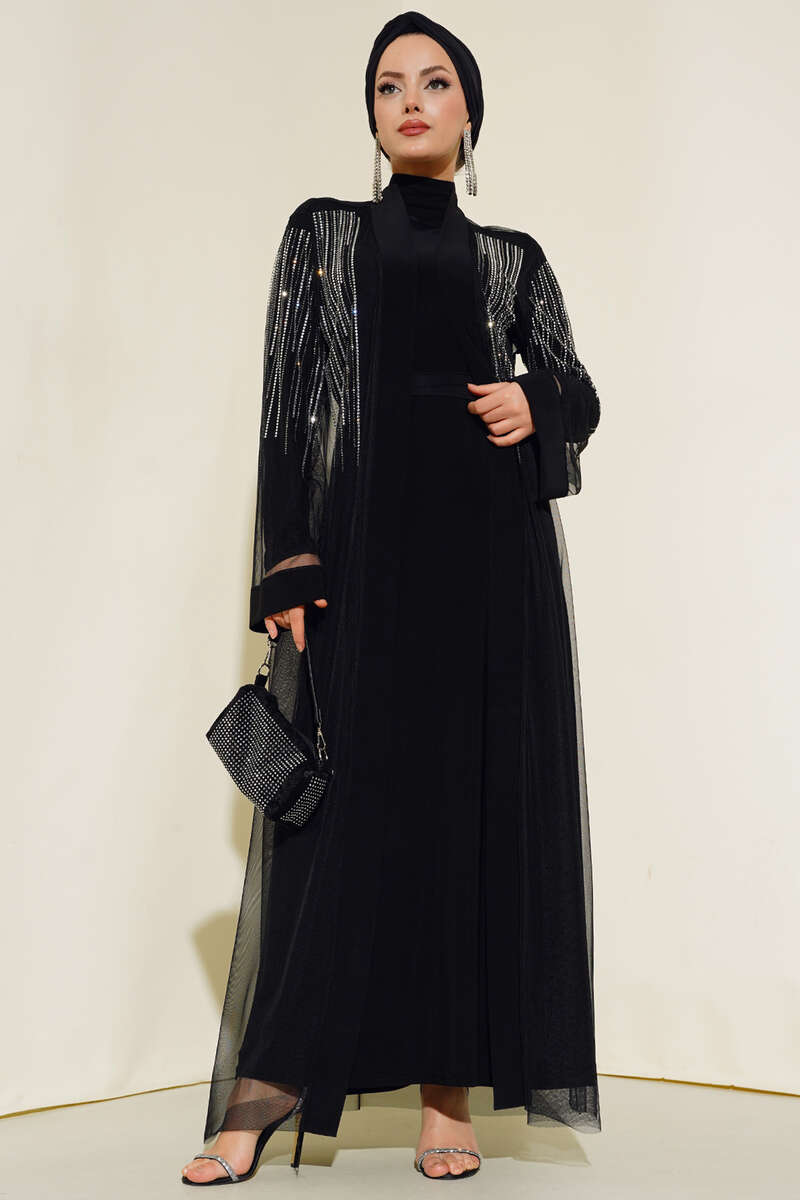 Taşlı Kuşaklı Abaya Siyah