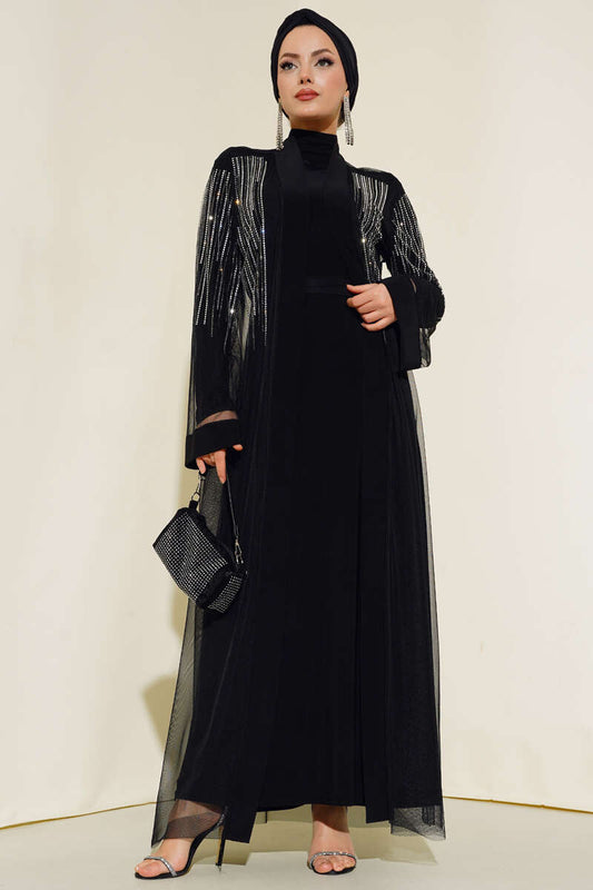 Taşlı Kuşaklı Abaya Siyah