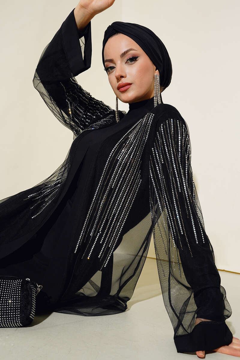 Taşlı Kuşaklı Abaya Siyah