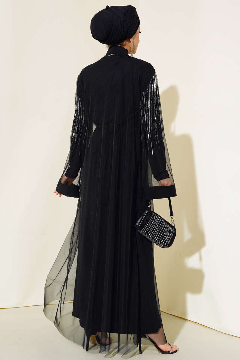 Taşlı Kuşaklı Abaya Siyah