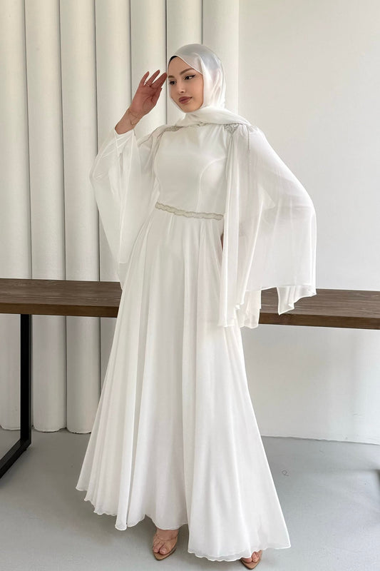 Lüks Taş İşlemeli Pelerin Kollu Tesettür Abiye beyaz