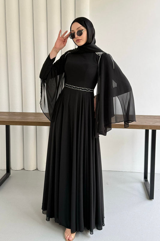 Lüks Taş İşlemeli Pelerin Kollu Tesettür Abiye siyah