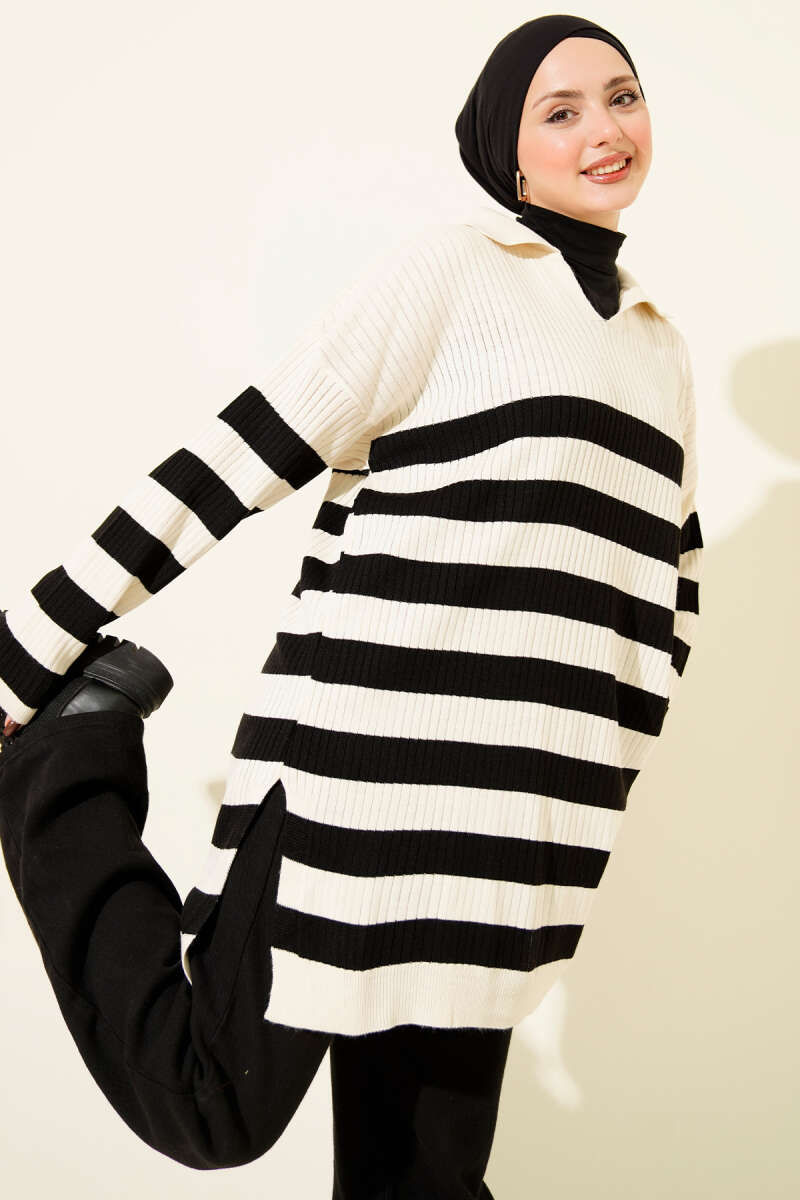 V Yaka Fitilli Çizgili Triko Tunik bej