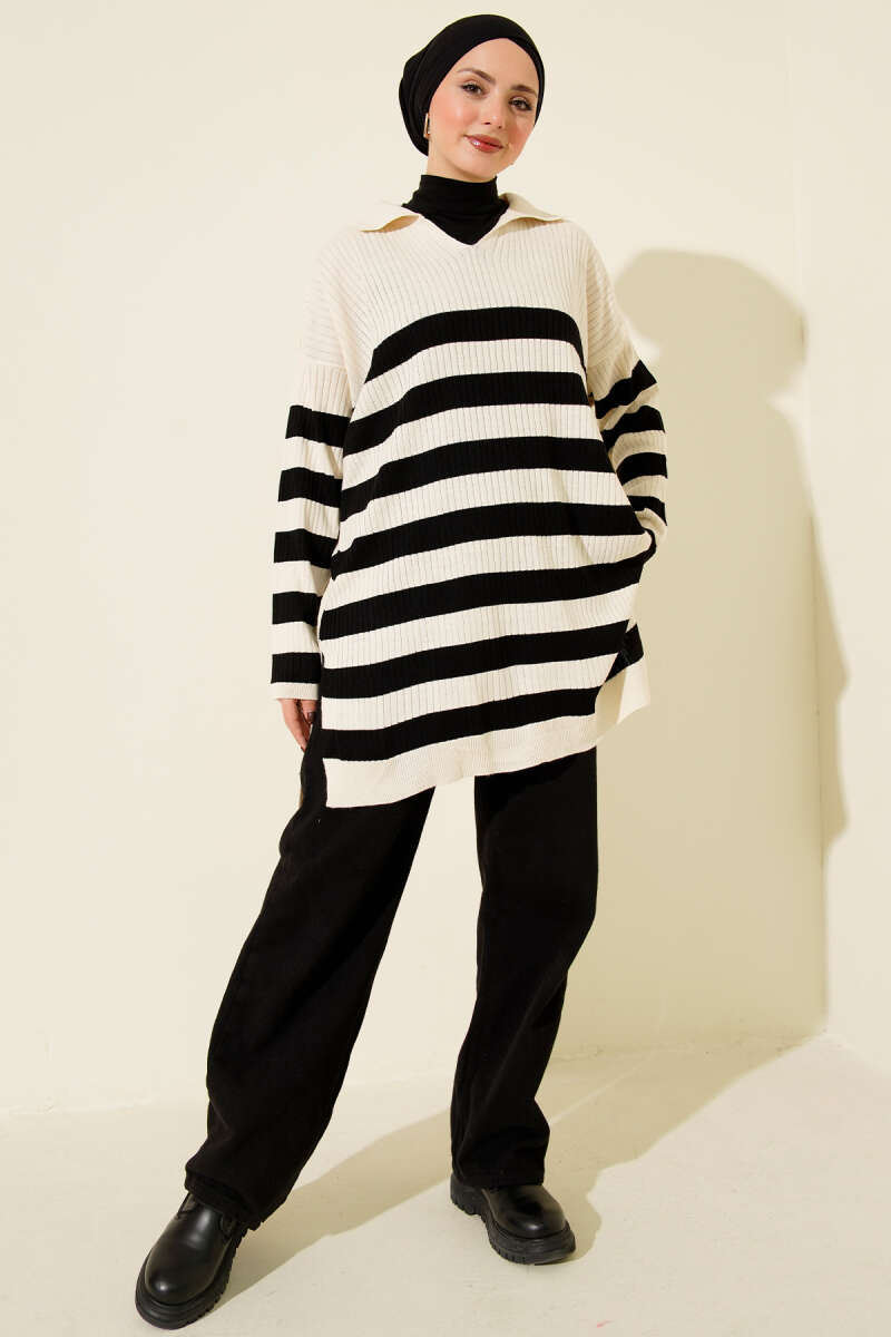 V Yaka Fitilli Çizgili Triko Tunik bej