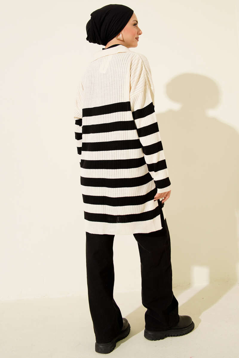 V Yaka Fitilli Çizgili Triko Tunik bej