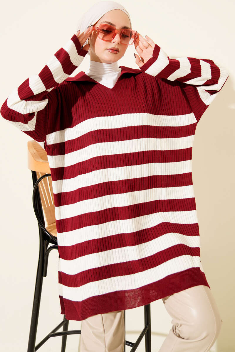 V Yaka Fitilli Çizgili Triko Tunik Bordo
