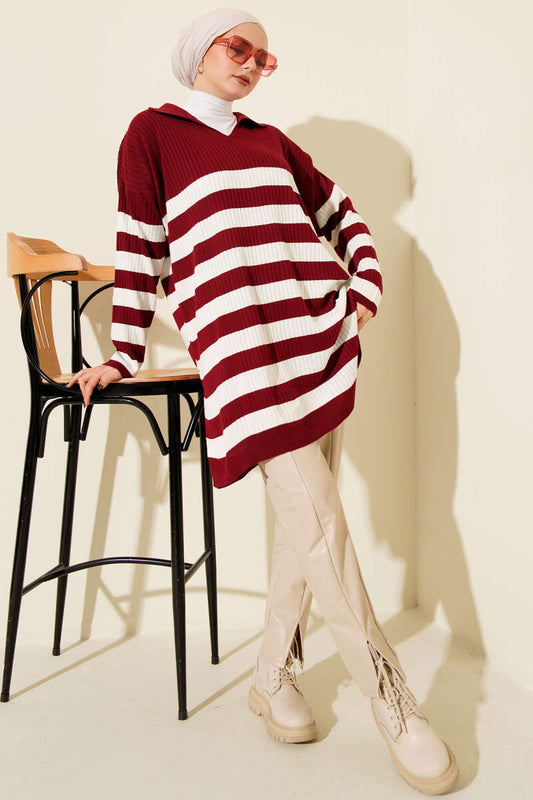 V Yaka Fitilli Çizgili Triko Tunik Bordo