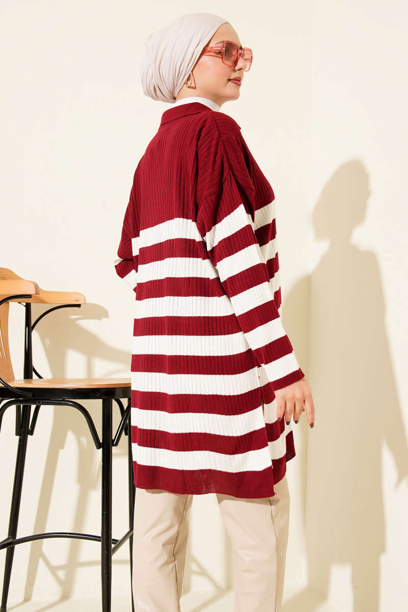V Yaka Fitilli Çizgili Triko Tunik Bordo