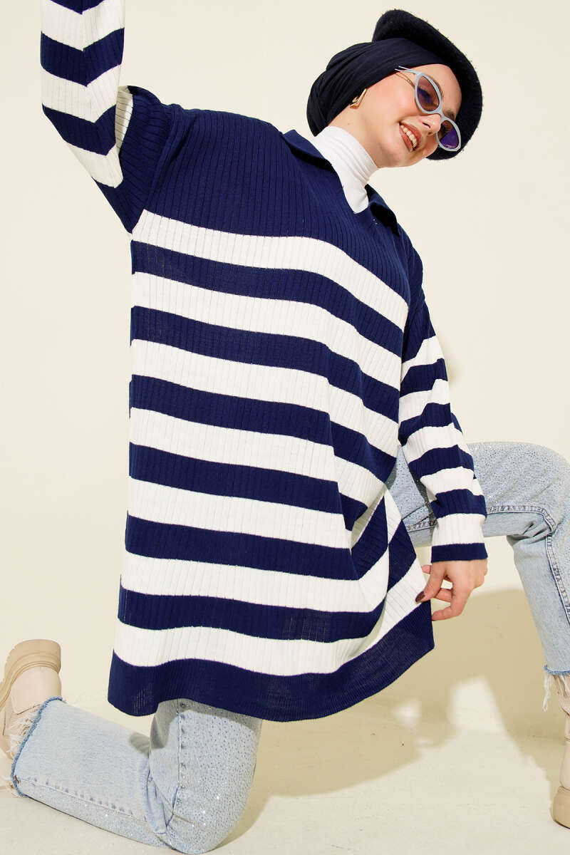 V Yaka Fitilli Çizgili Triko Tunik Lacivert