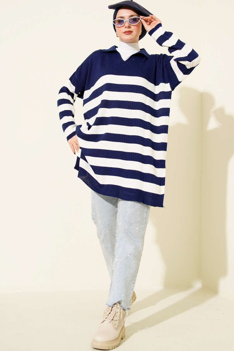 V Yaka Fitilli Çizgili Triko Tunik Lacivert