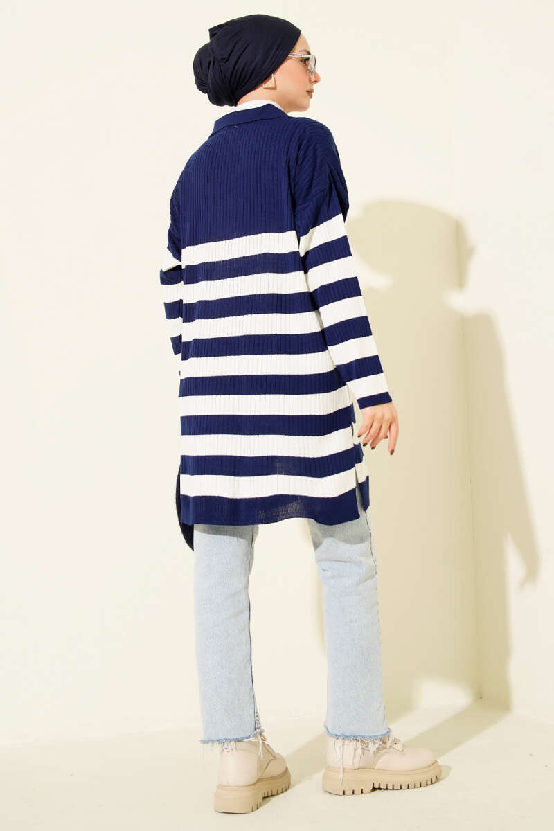 V Yaka Fitilli Çizgili Triko Tunik Lacivert