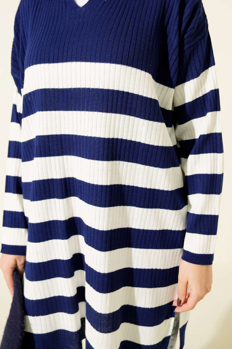 V Yaka Fitilli Çizgili Triko Tunik Lacivert