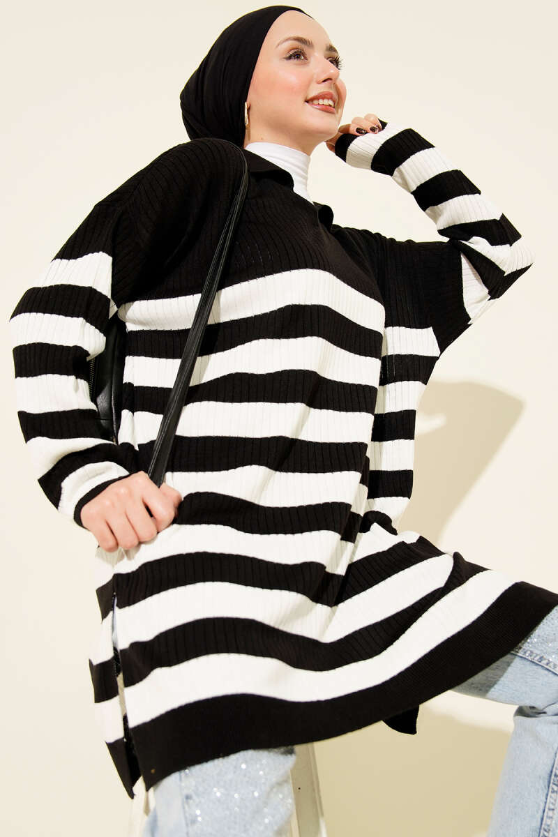 V Yaka Fitilli Çizgili Triko Tunik siyah