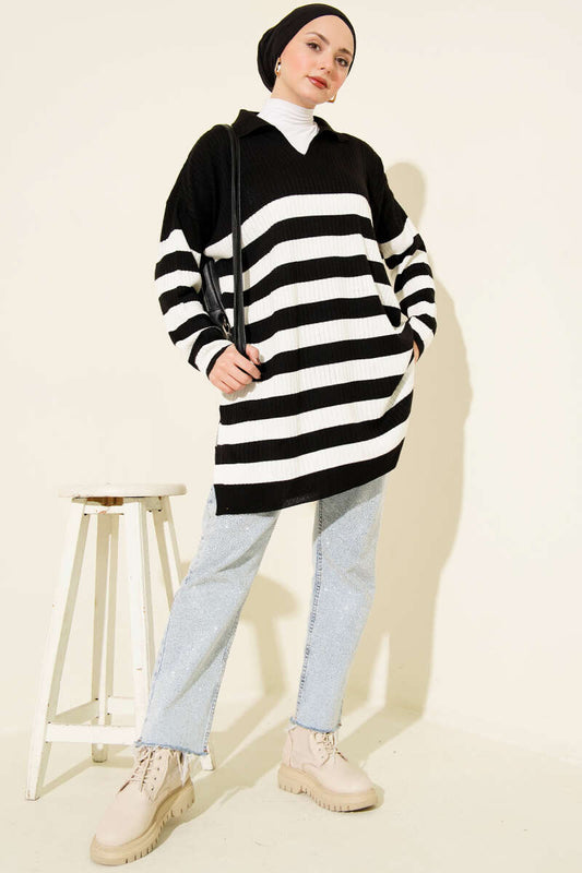 V Yaka Fitilli Çizgili Triko Tunik siyah