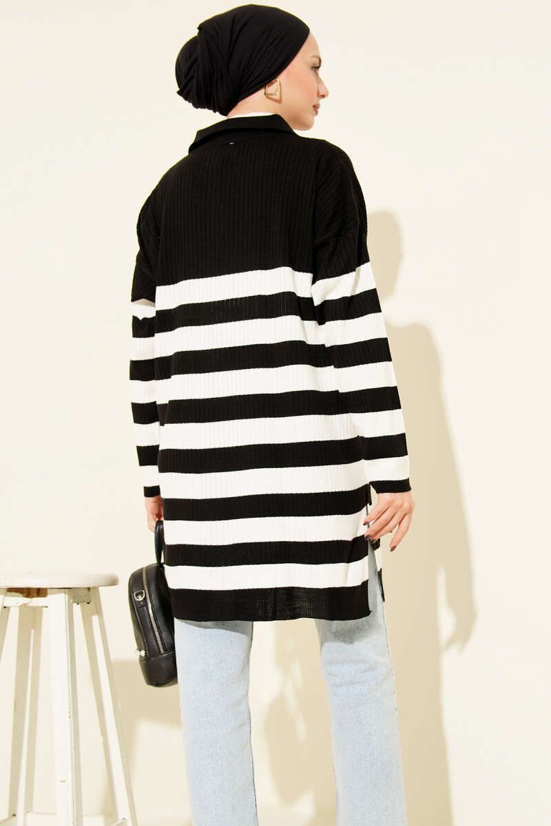 V Yaka Fitilli Çizgili Triko Tunik siyah