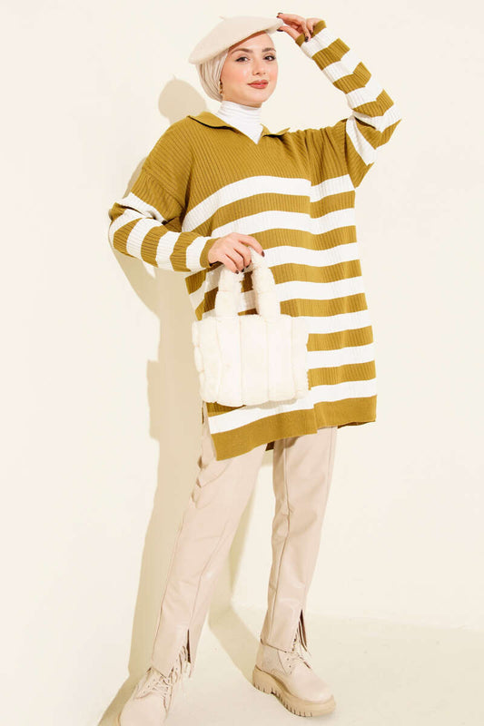 V Yaka Fitilli Çizgili Triko Tunik yağ yeşili