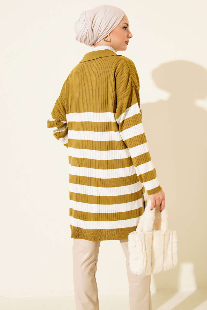 V Yaka Fitilli Çizgili Triko Tunik yağ yeşili