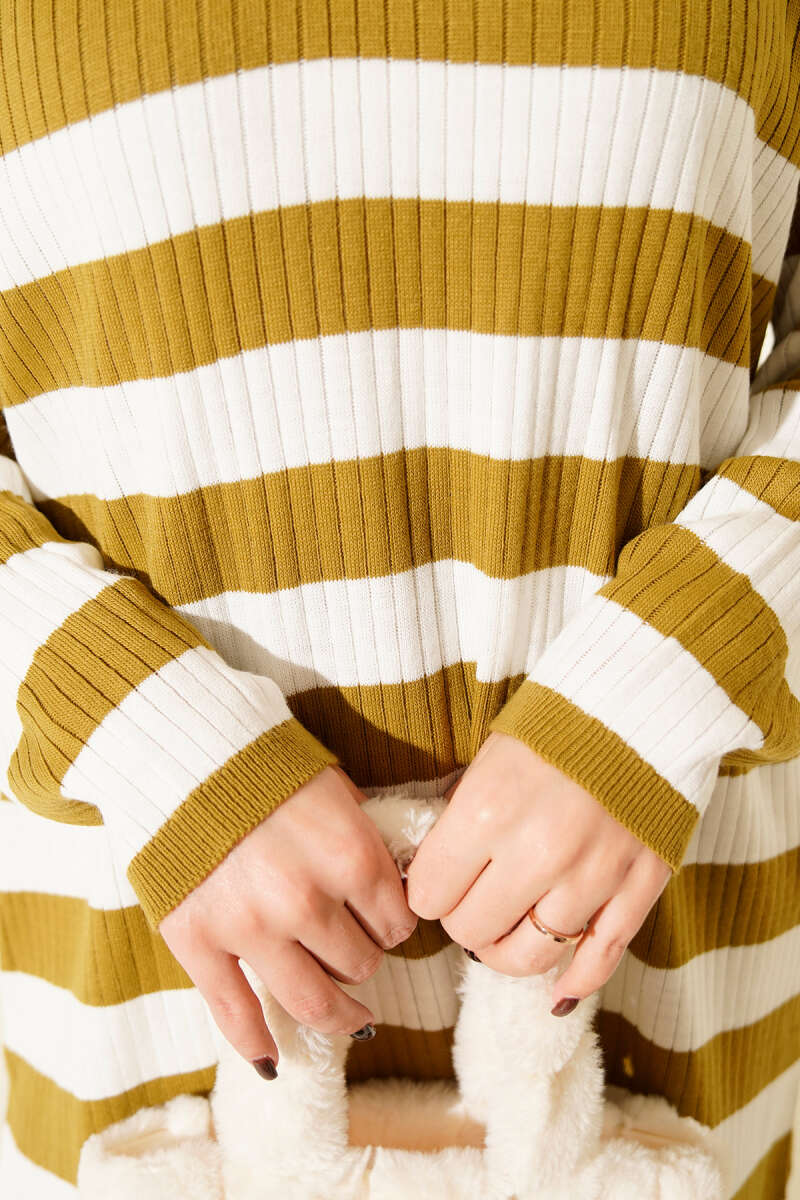 V Yaka Fitilli Çizgili Triko Tunik yağ yeşili